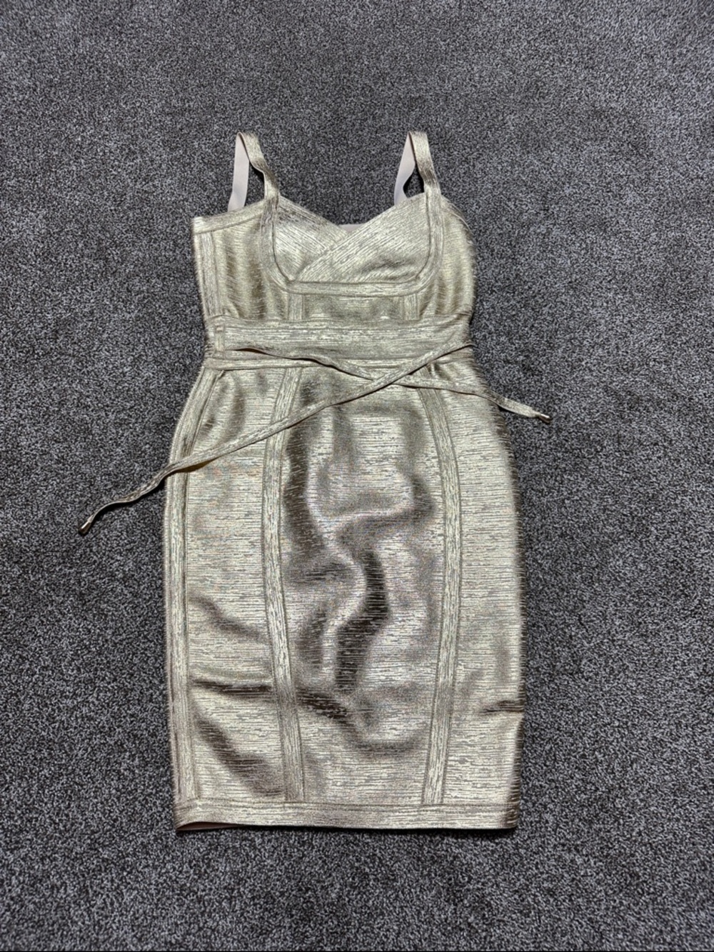 Gold metallic bandage dress full zip back stretch Greek goddess size small